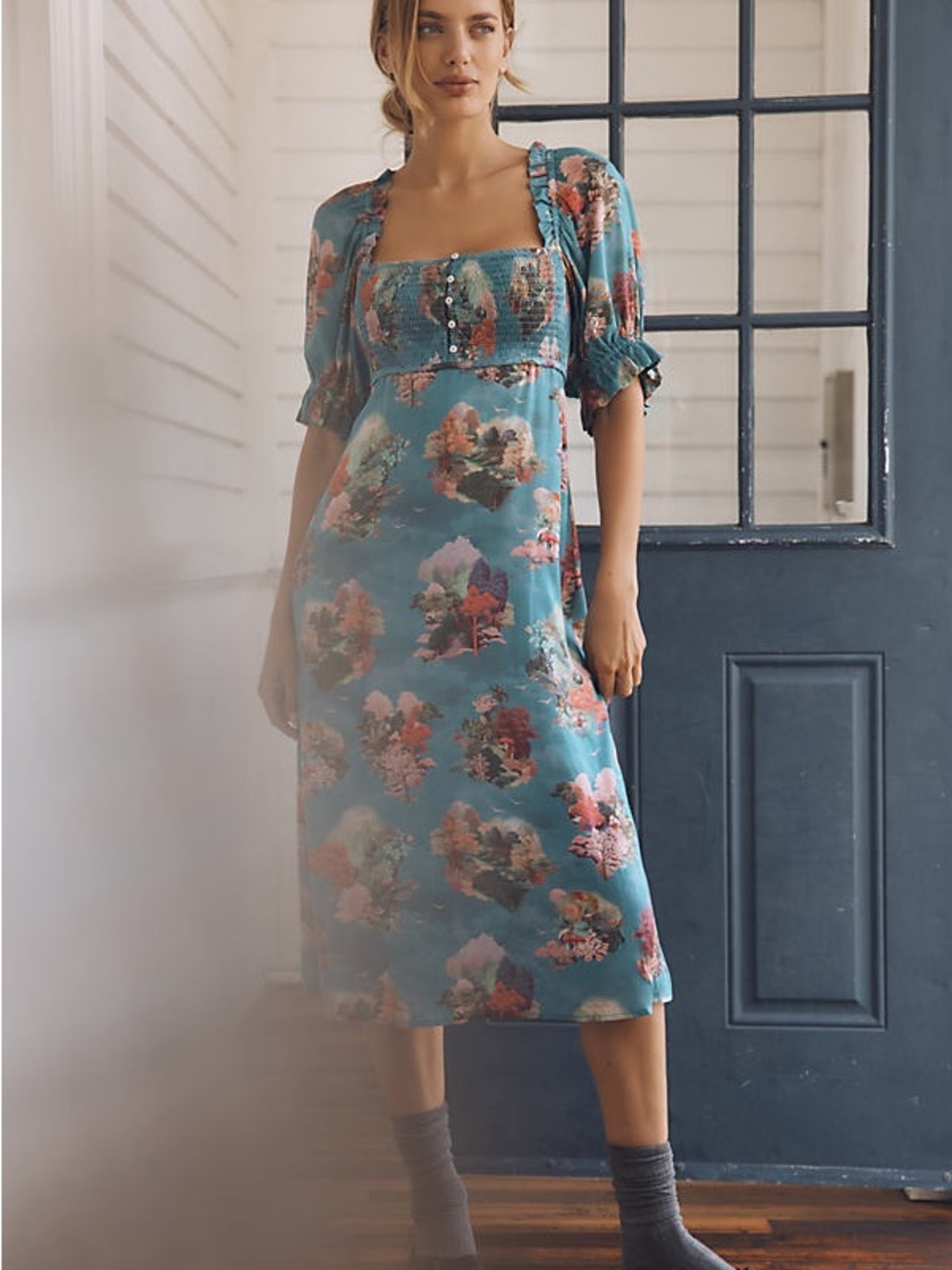 Anthropologie Teal Floral Square-Neck Midi Dress